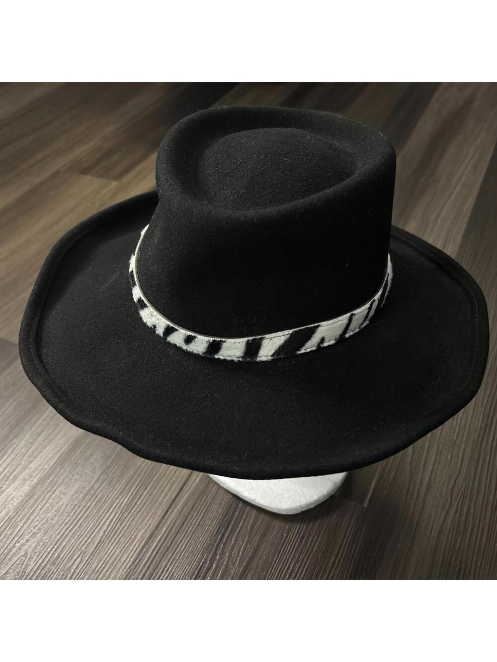 Black Wool Fedora Hat LiteFelt Packable Zebra Band Unisex